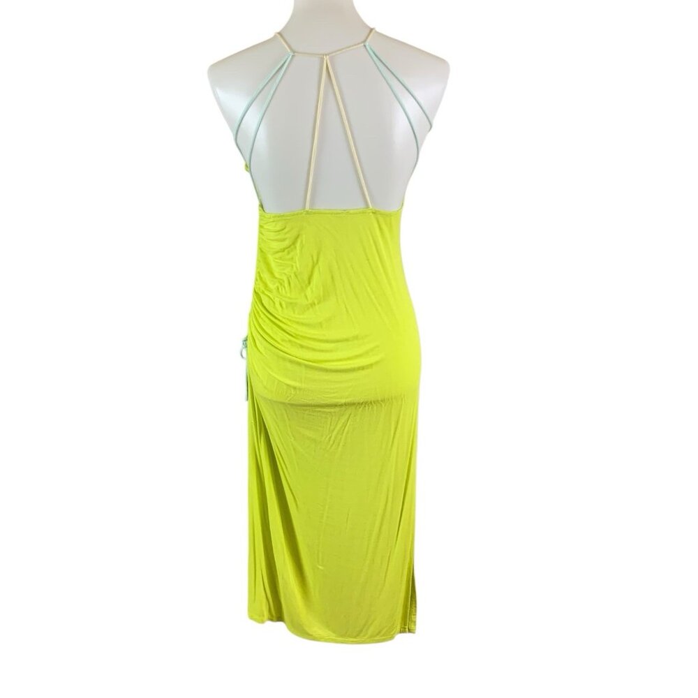 Free People Bright Green Ruched Bodycon Midi Dress M Y2K‎ Festival Vacation - Picture 3 of 6